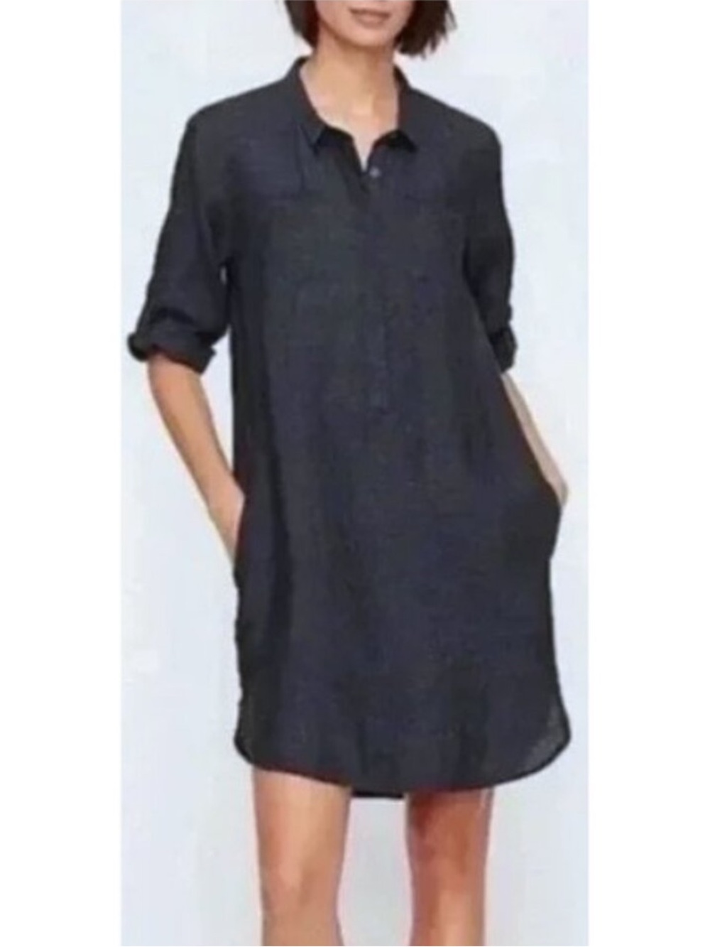 Eileen Fisher Plus Size 3/4-Sleeve Organic Linen Henley Dress, Denim - Size M